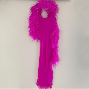 Tom and Linda Platt Fuchsia Silk Chiffon Gown, 3 Piece Overlay and Feather Boa